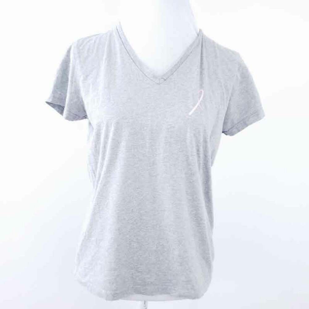 Reebok Breast Cancer Awareness Ribbon Tshirt Shirt Gray Short Sleeve Medium Vnec